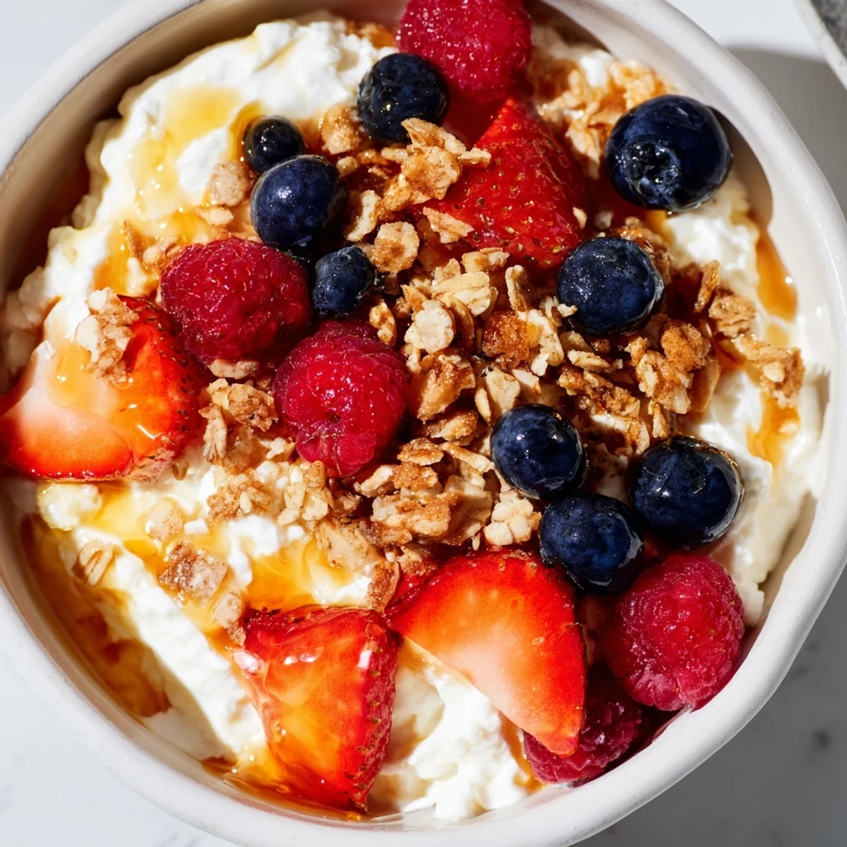A delightful view of a Cottage Cheese Hot Honey Bowl: creamy white cottage cheese and colorful berries.