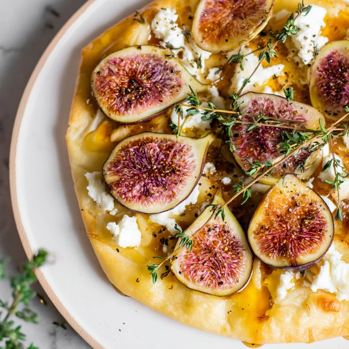 Crispy puff pastry pizza with truffle oil, showcasing baked figs and crumbled goat cheese just ready to be served.