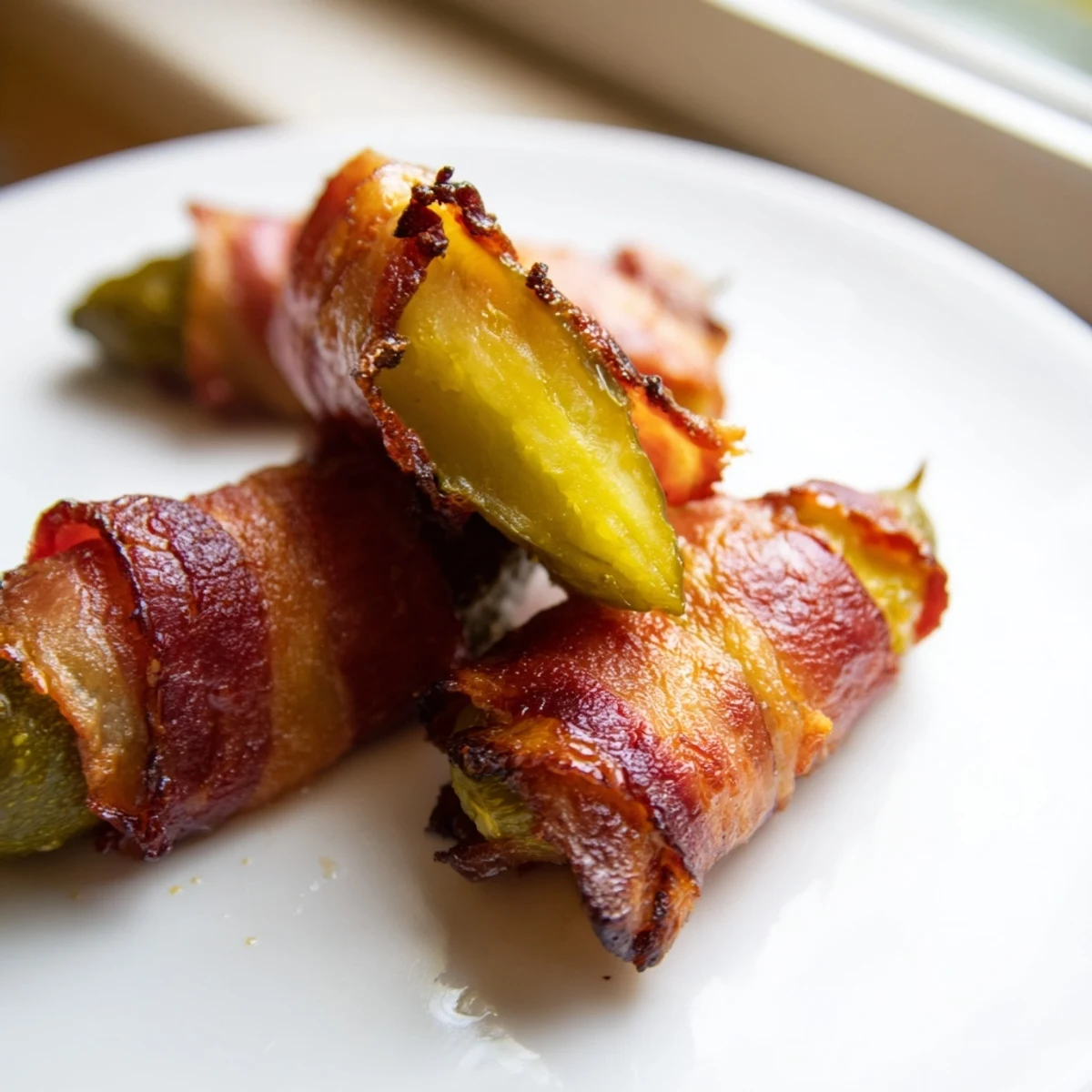 Golden-brown bacon-wrapped pickles fresh from the oven, served on a rustic wooden board.  