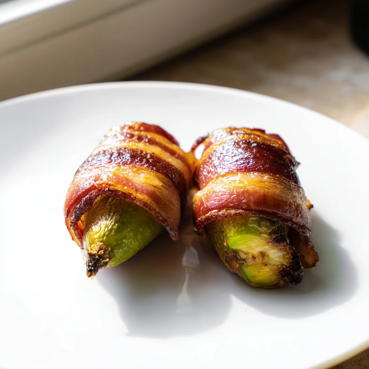 Twelve crispy Bacon-Wrapped Pickles stacked on a platter, ready for a game day snack.  