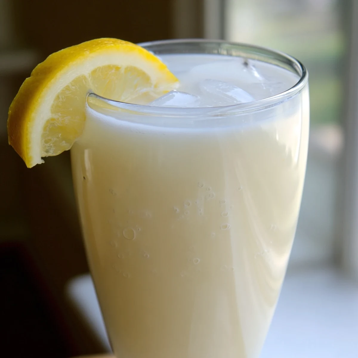 A close-up of creamy lemonade over ice, showing a velvety texture with lemon slices on top.