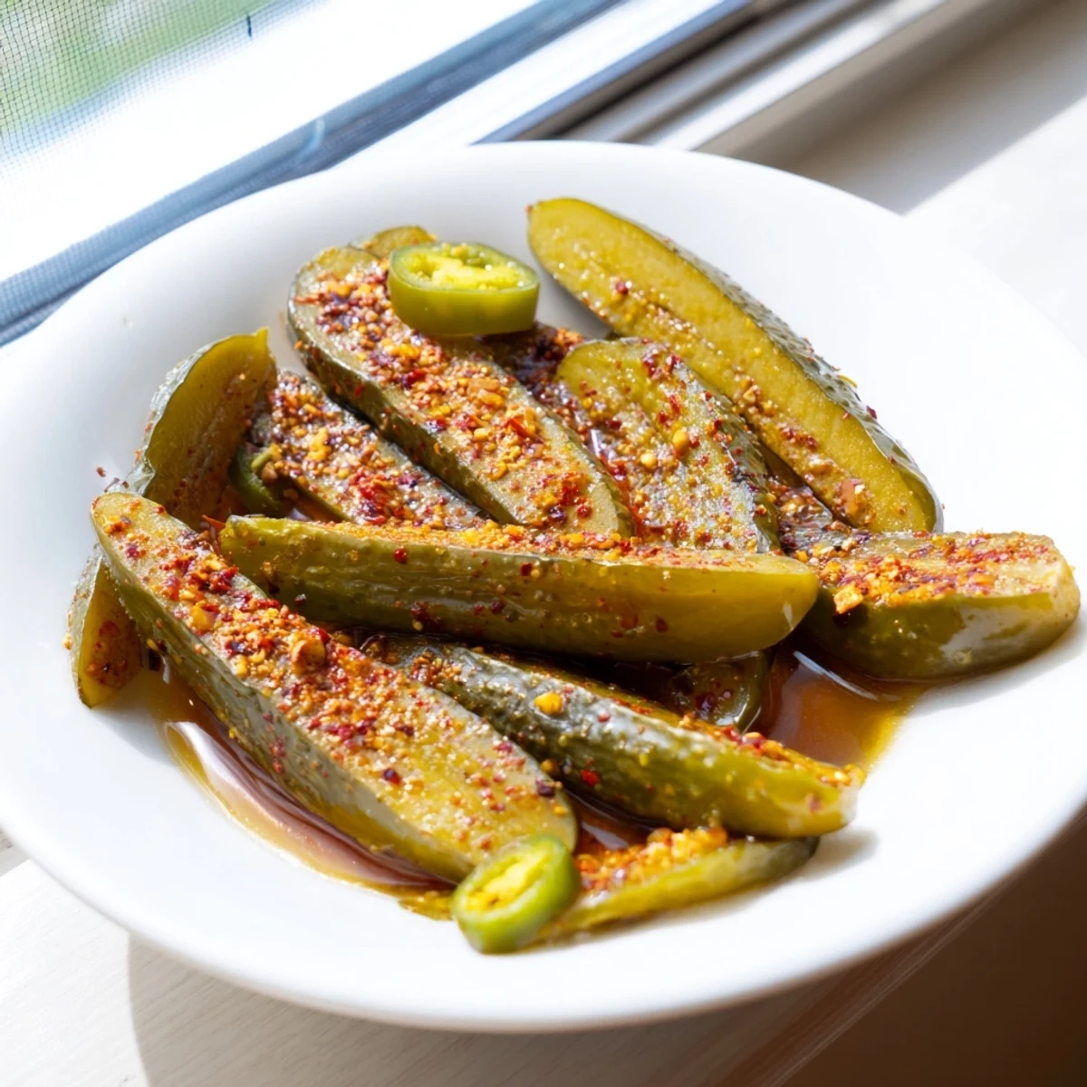Crisp dill pickles infused with smoky taco seasoning, glowing in a clear jar with visible red pepper flakes and fresh jalapeño.