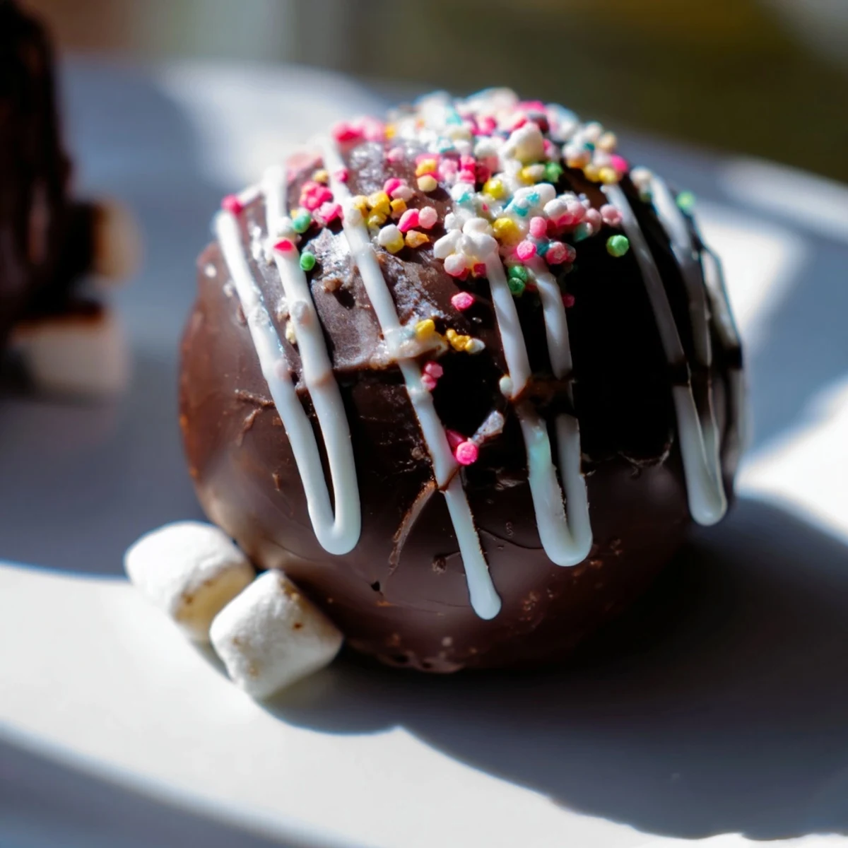On a rustic wooden board, the Hot Chocolate Bombs glisten with white chocolate drizzle and colorful sprinkles for festive flair.