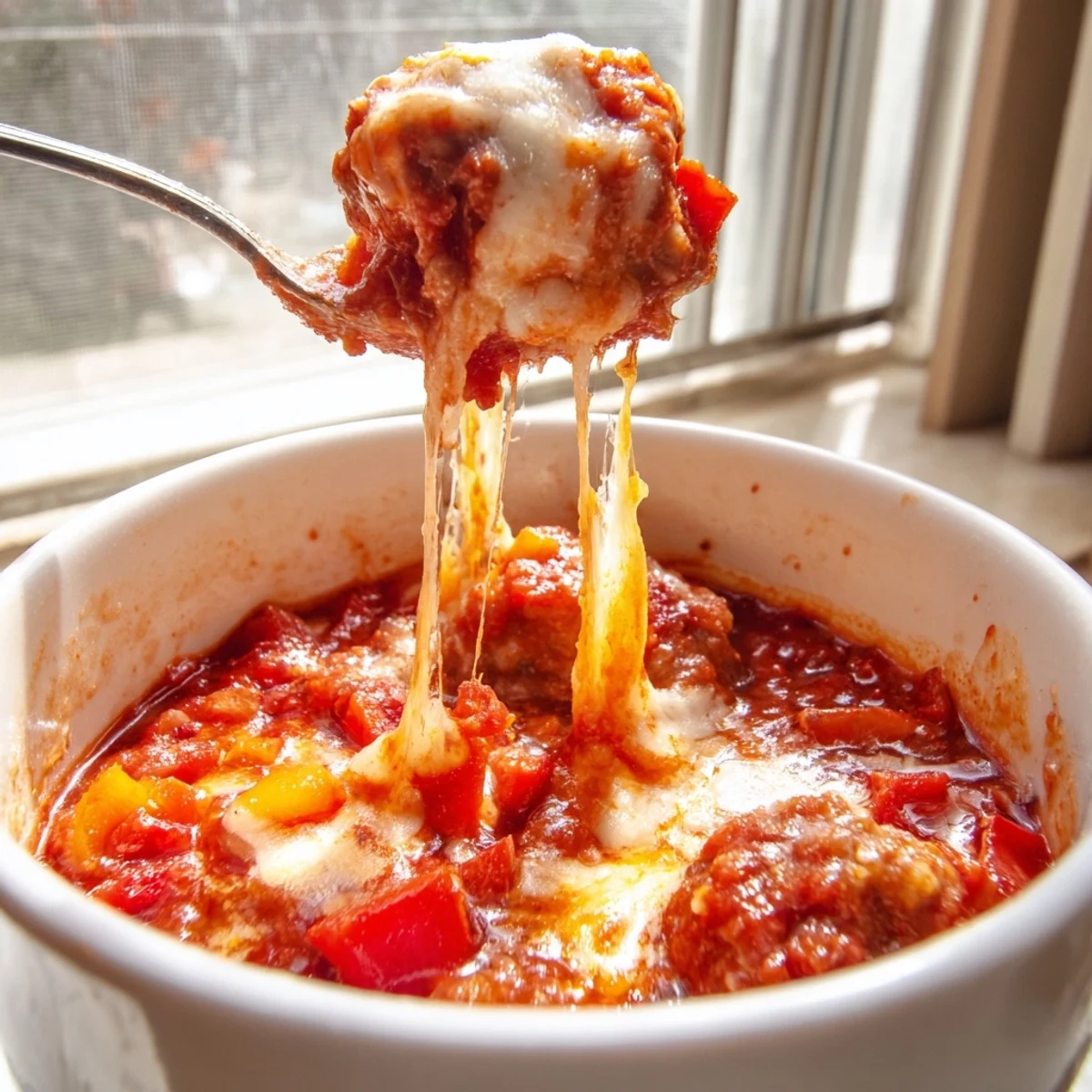 A hearty bowl of steaming Pizza Soup with melted mozzarella, fresh basil, and diced red bell pepper.