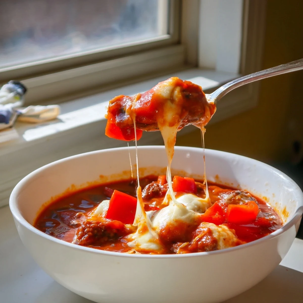 Ladle of rich Pizza Soup featuring Italian sausage, pizza sauce, and gooey mozzarella, ready for dipping with crusty bread.