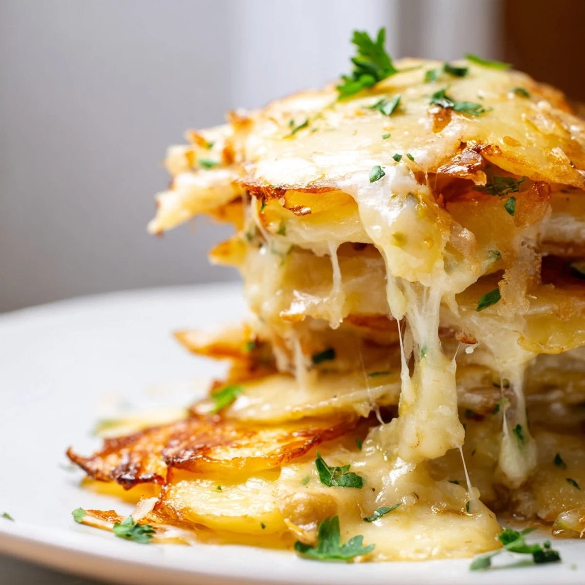 Golden roasted potato slices topped with melty Gruyère and caramelized onions, served bubbly and golden-brown.