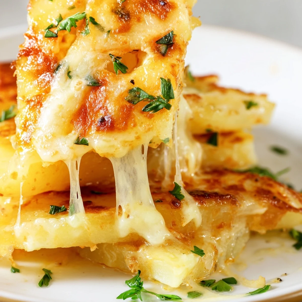 French Onion Soup Potatoes feature layered Yukon Gold potatoes, savory onions, and fresh thyme garnish.