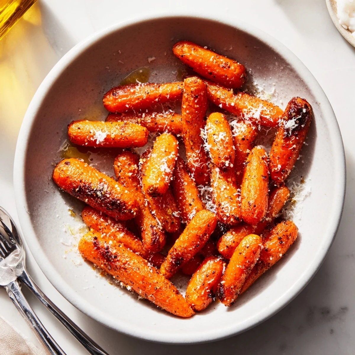 Golden roasted Parmesan Baby Carrot Chips piled high on a rustic platter, garnished with fresh parsley for a vibrant side dish or snack.