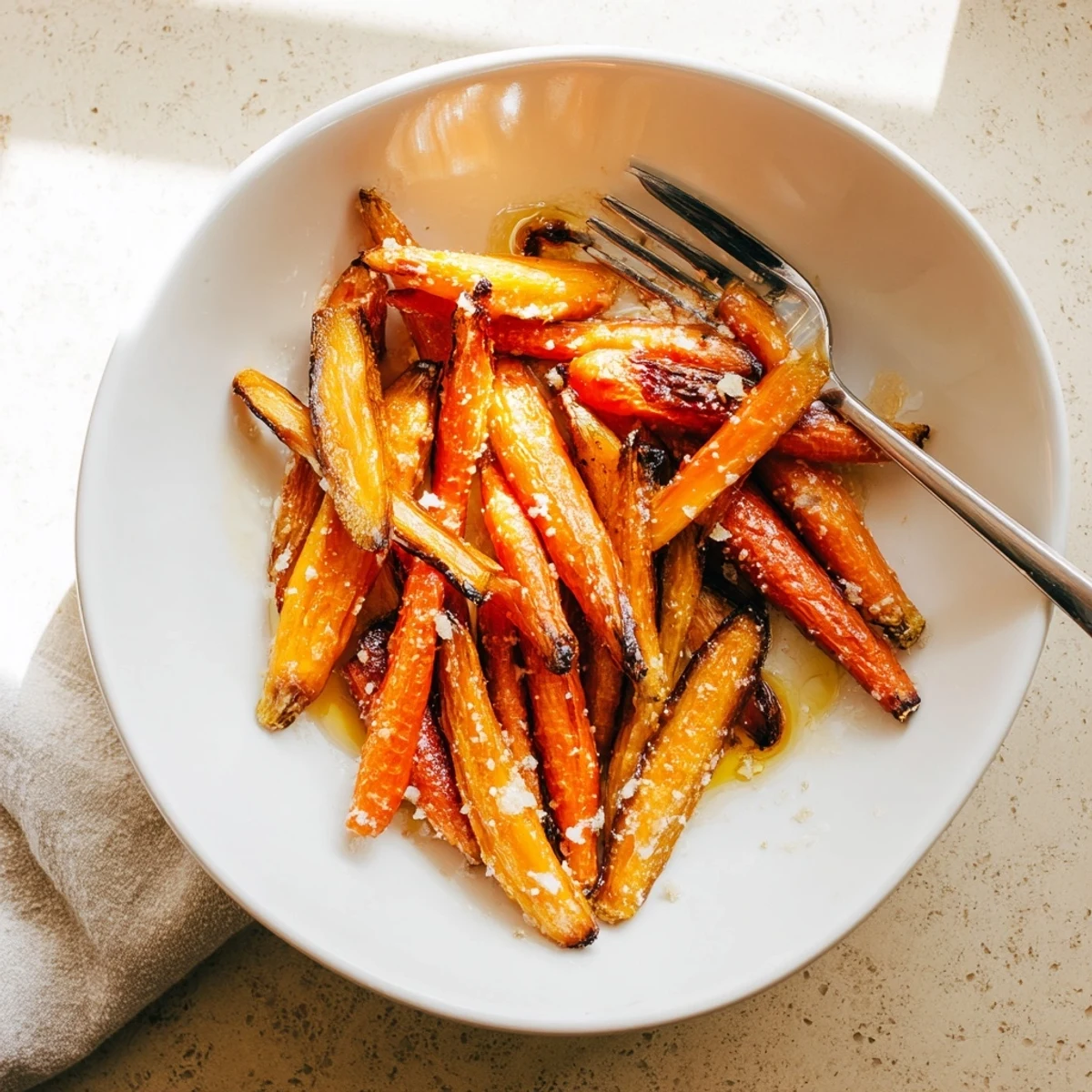 Close-up of crisp, caramelized Parmesan Baby Carrot Chips with glistening honey coating on a baking sheet, ready to be served.