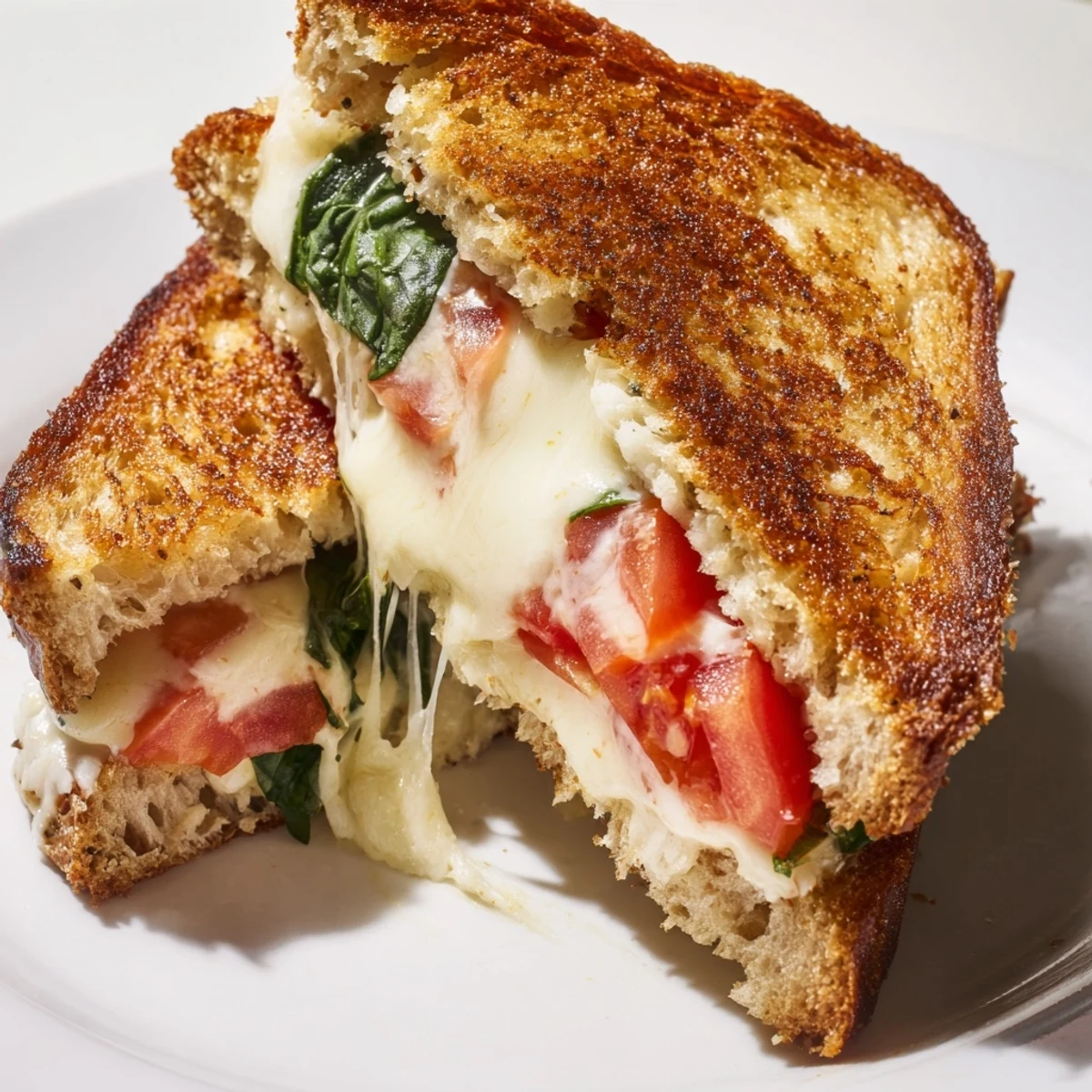 Golden-brown Tomato Basil Grilled Cheese on sourdough with melted mozzarella and fresh basil.