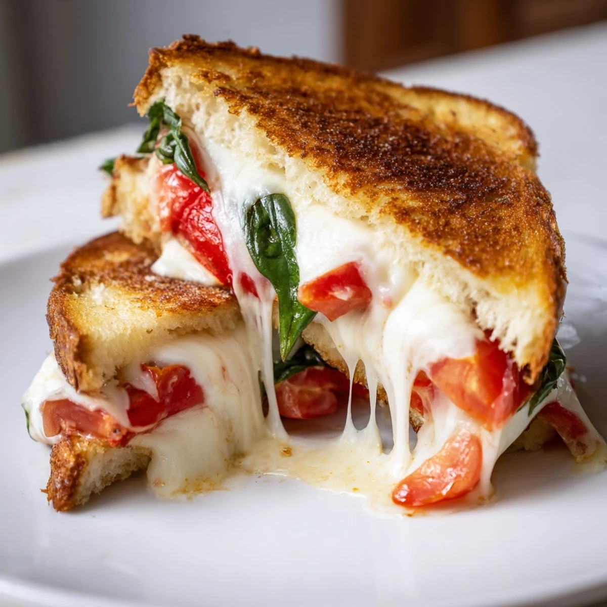 A classic Tomato Basil Grilled Cheese, served on a plate and ready to dip.