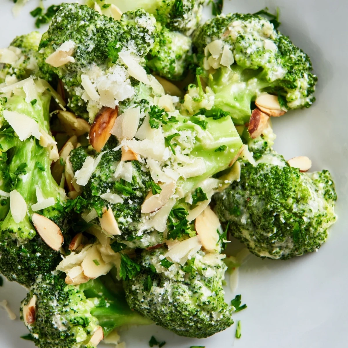 Freshly blanched broccoli florets tossed in a creamy garlic Parmesan salad, topped with crunchy toasted almonds and fresh parsley.