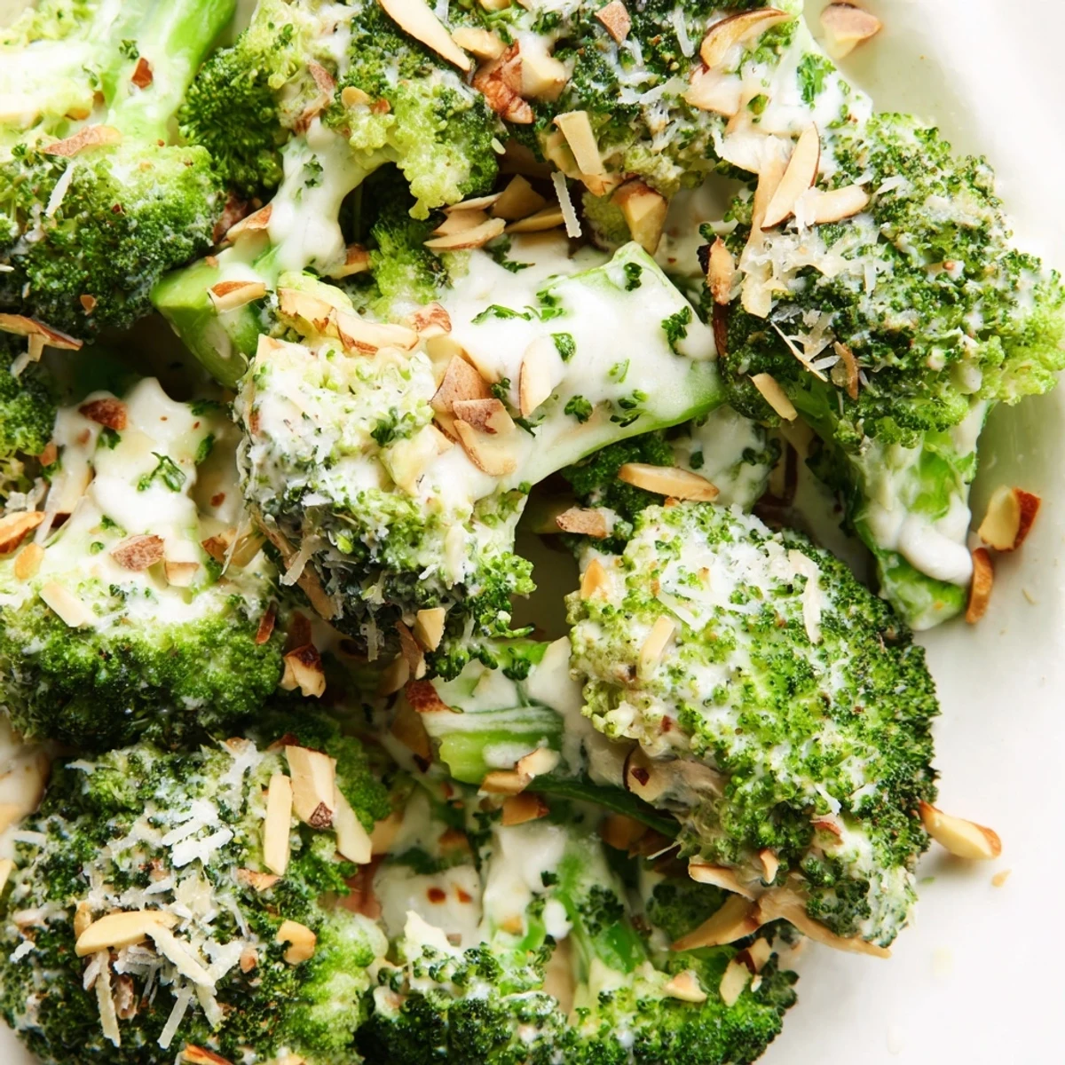 Chilled Garlic Parmesan Broccoli Salad garnished with slivered almonds and grated cheese, perfect for a summer picnic or easy side dish.