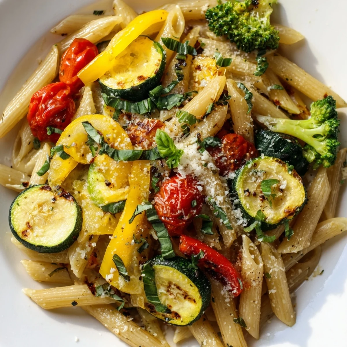 Penne pasta tossed with roasted zucchini, peppers, and broccoli in a garlic olive oil sauce, finished with Parmesan and fresh basil.
