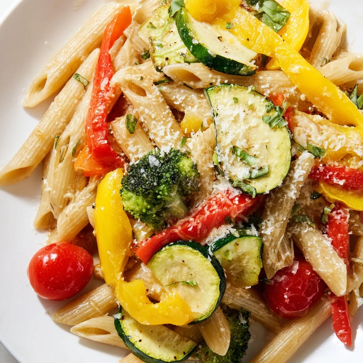 Vibrant seasonal vegetables over al dente Pasta Primavera, garnished with herbs and a drizzle of extra virgin olive oil.