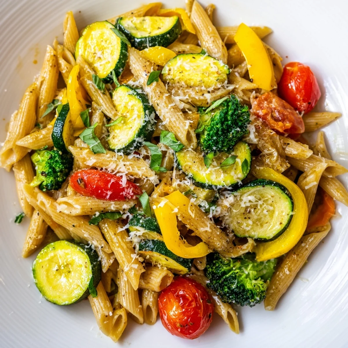 A skillet of fresh Pasta Primavera topped with grated Parmesan and lemon wedges, served hot from the oven.
