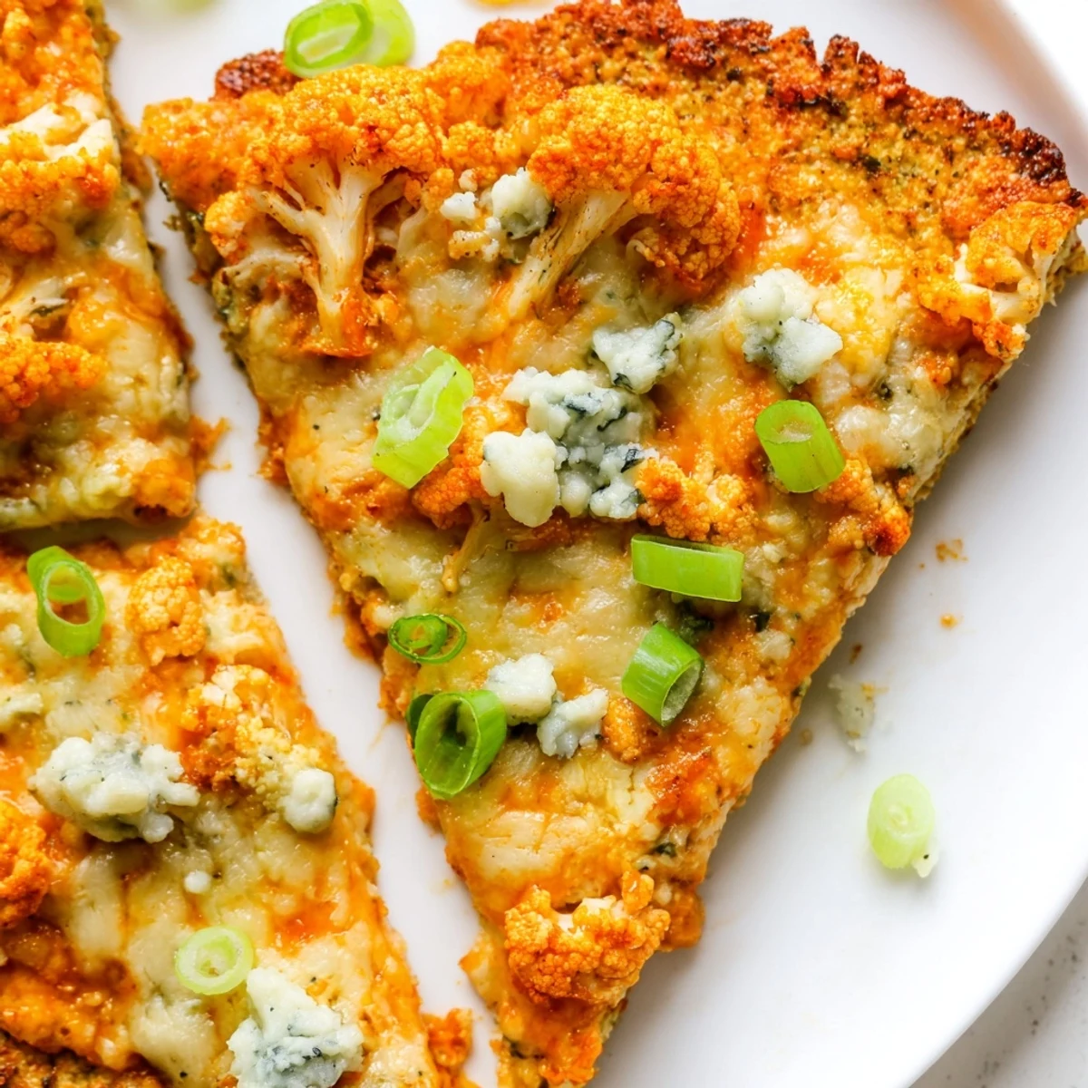Golden-brown Buffalo Cauliflower Pizza with melted mozzarella, spicy red sauce, and fresh green onions on a rustic wooden board.