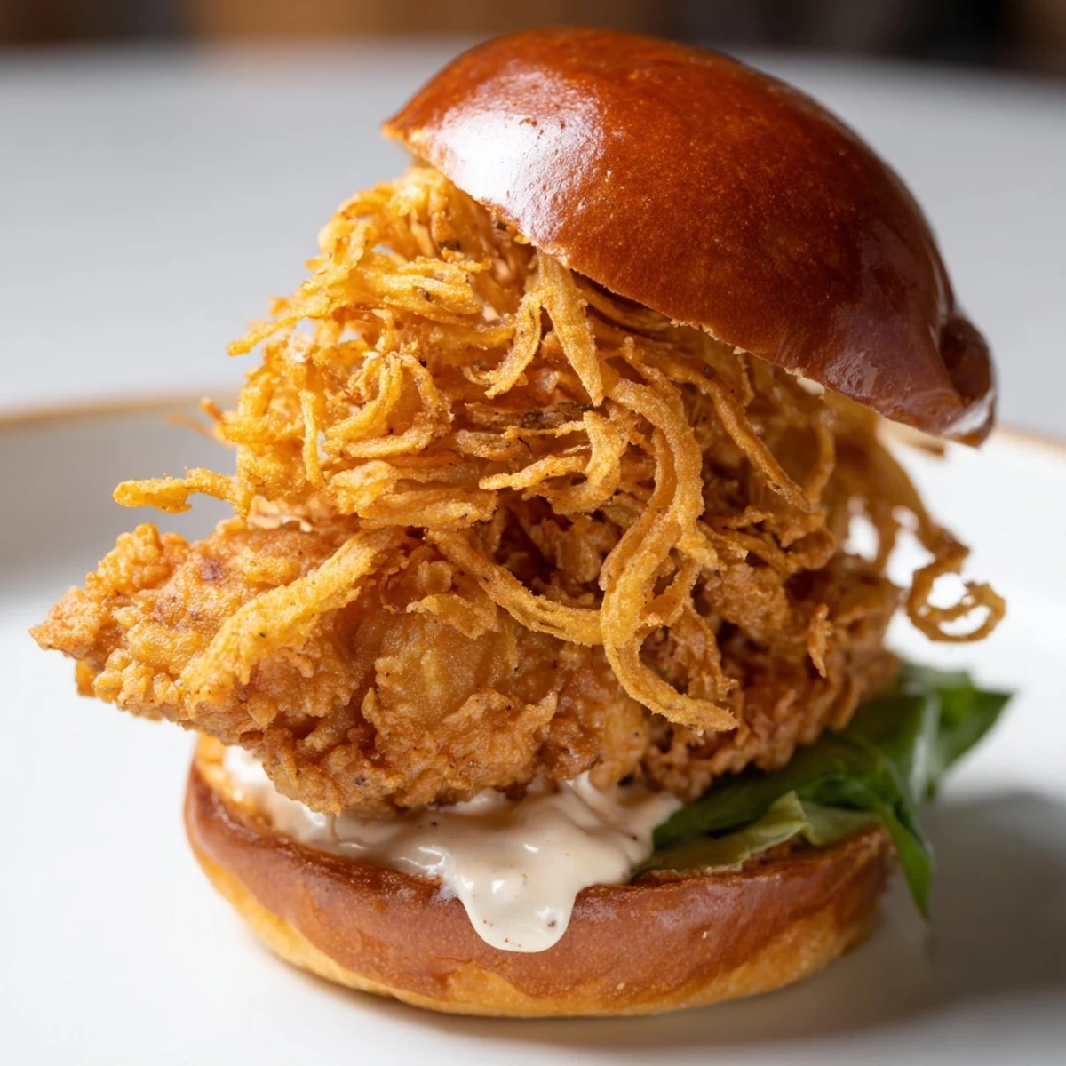 Juicy buttermilk-marinated fried chicken topped with golden crispy onions and creamy aioli in a toasted brioche bun.