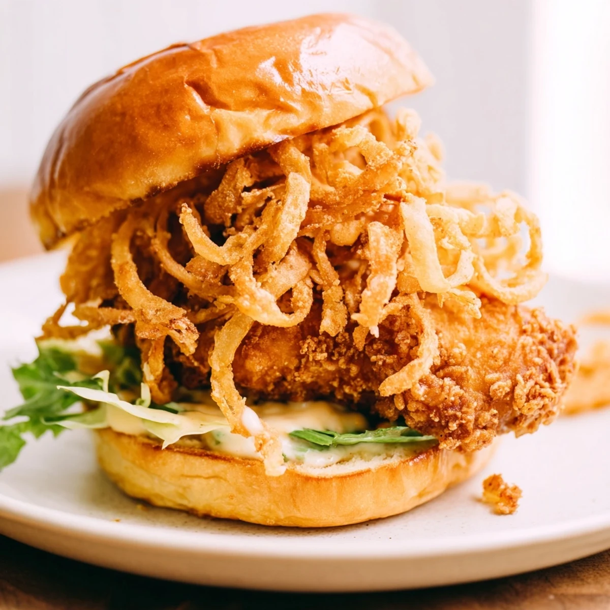 Golden fried chicken thighs stacked with crispy onions on a buttered brioche bun, drizzled with garlic aioli.