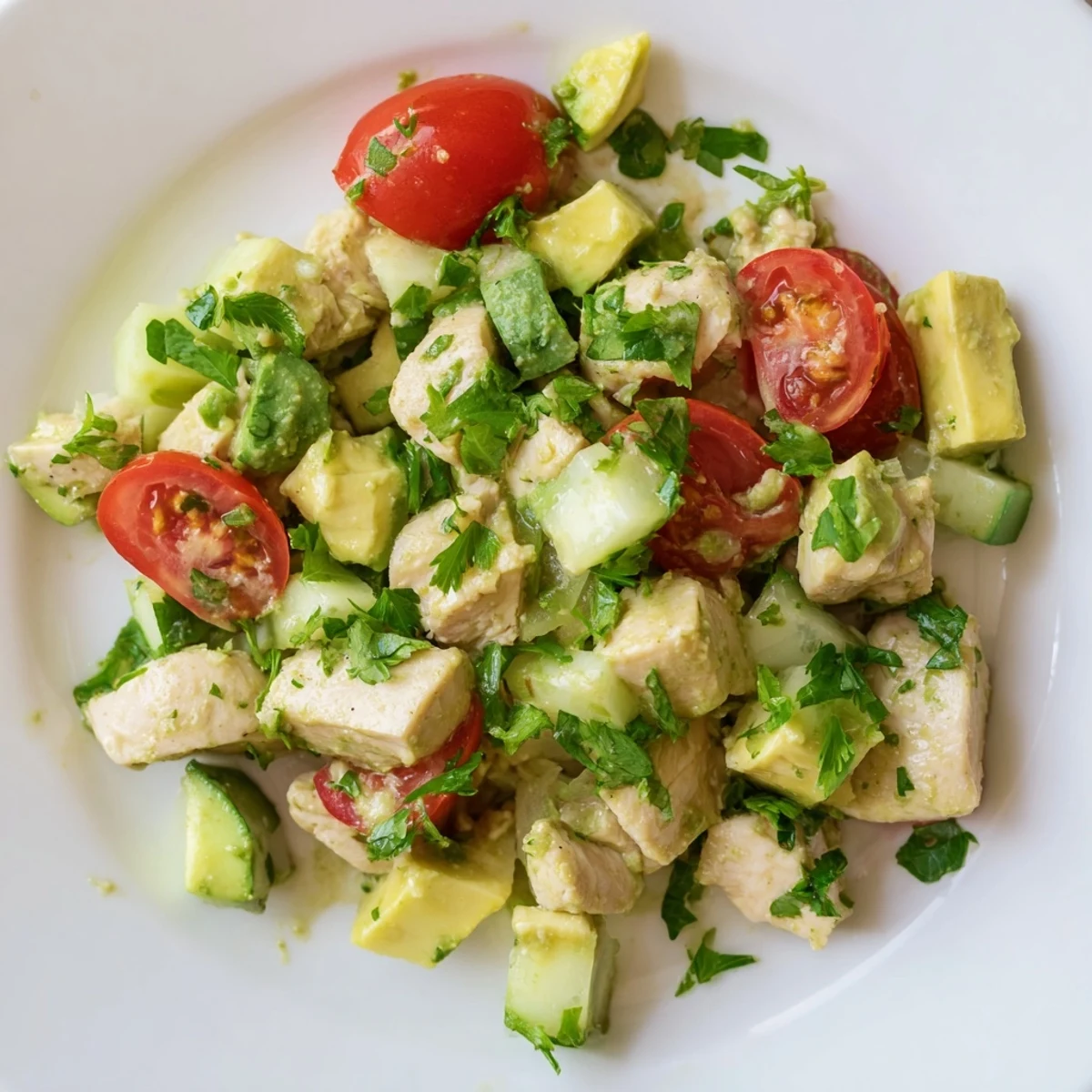 Freshly made Avocado Chicken Salad with diced chicken, creamy avocado chunks, juicy cherry tomatoes, and crisp cucumber tossed in a zesty lime dressing.  