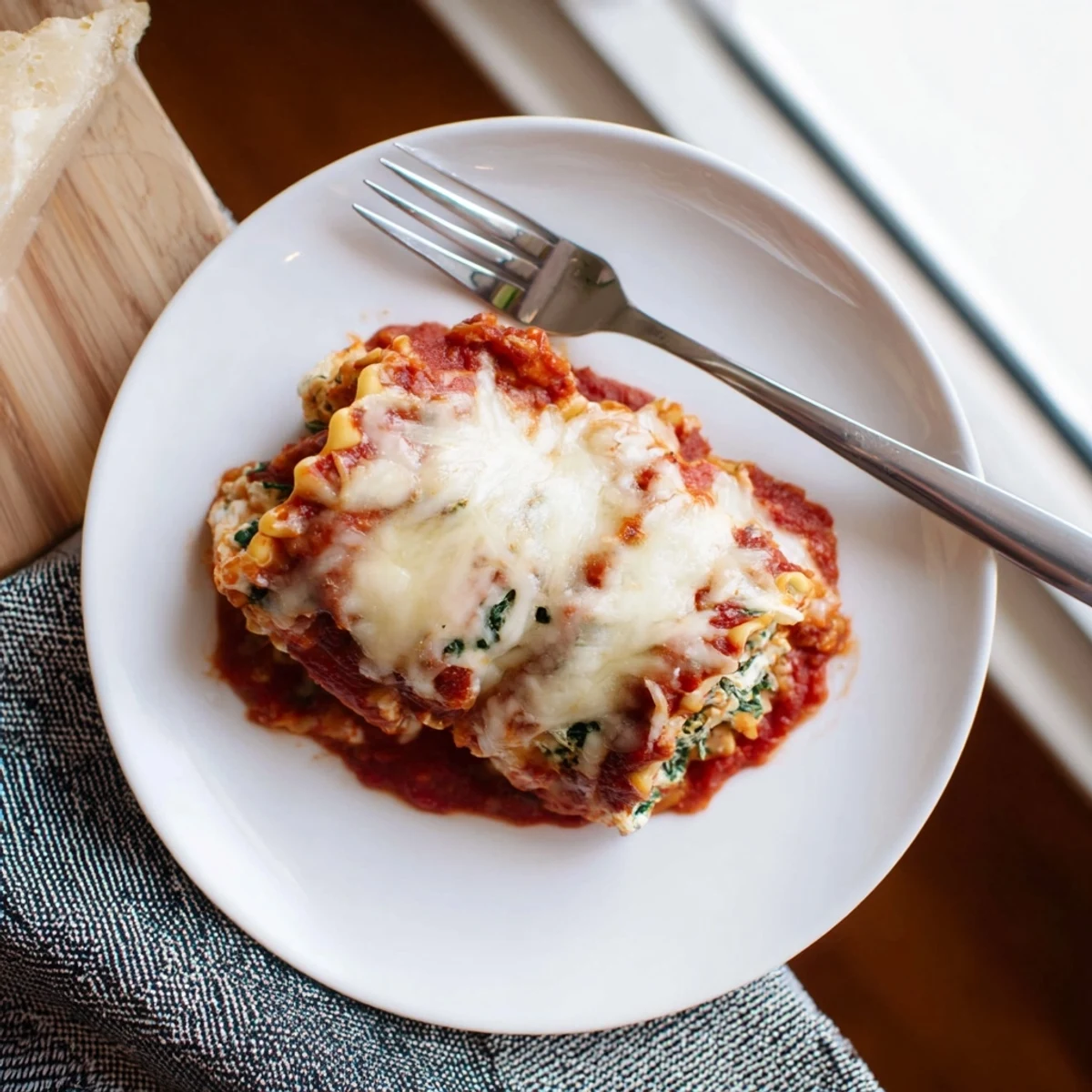 Golden-baked Chicken and Spinach Lasagna Rolls filled with creamy ricotta and spinach, nestled in a red marinara sauce.  