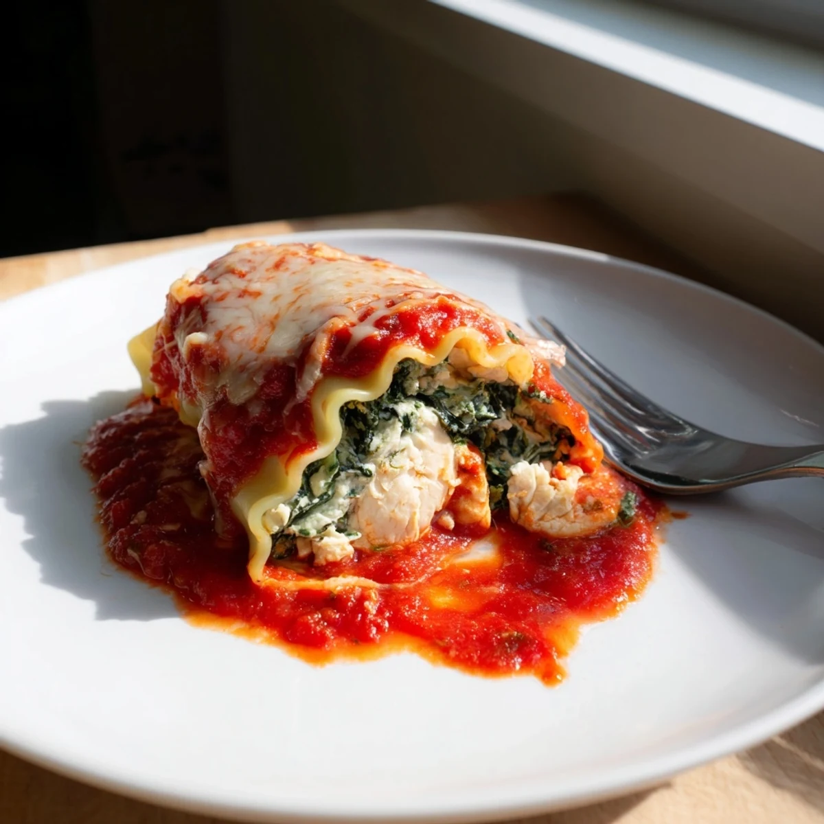 A close-up of rolled pasta stuffed with shredded chicken, spinach, and three cheeses, topped with bubbling mozzarella.  