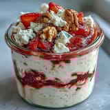 Fluffy yogurt overnight oats with strawberry swirl, creamy layers and fresh fruit topping, perfect for a healthy breakfast.  
