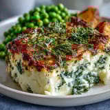 Classic Shepherd's Pie with Cauliflower Mash Topping: golden, creamy cauliflower mash crowning a savory lamb and vegetable filling, baked to bubbling perfection.