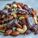 Homemade trail mix with dark chocolate featuring crunchy almonds, cashews, and pistachios mixed with sweet dried cranberries and apricots.