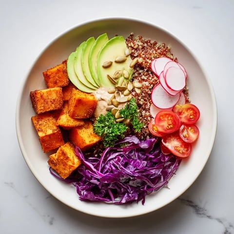 Complete Veggie Bowl with quinoa, sweet potatoes and tahini vinaigrette, a colorful and healthy meal.