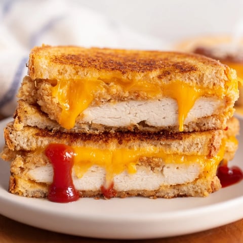Golden, crispy Chicken Nugget Grilled Cheese oozing melted cheddar, a delightful comfort food meal.
