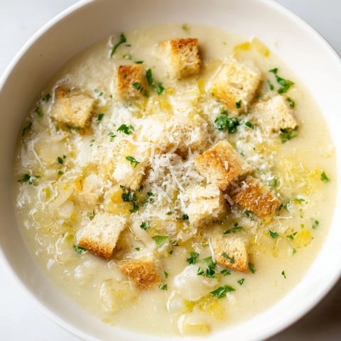 Golden bowl of Creamy Garlic Bread Soup, garnished with parsley, a cozy and delicious meal.