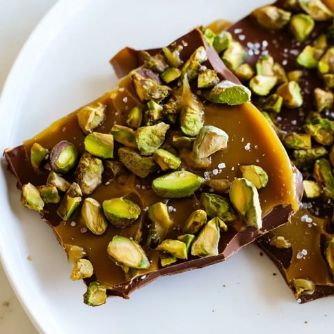 Melted chocolate base covered in glistening caramel with crunchy Pistachio Salted Caramel Bark.