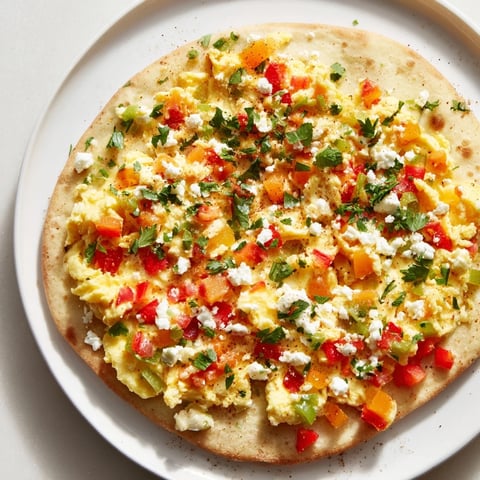 Golden-crusted Turkish menemen eggs pizza, topped with vibrant peppers, tomatoes, and creamy feta cheese.