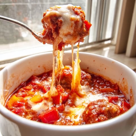 A hearty bowl of steaming Pizza Soup with melted mozzarella, fresh basil, and diced red bell pepper.