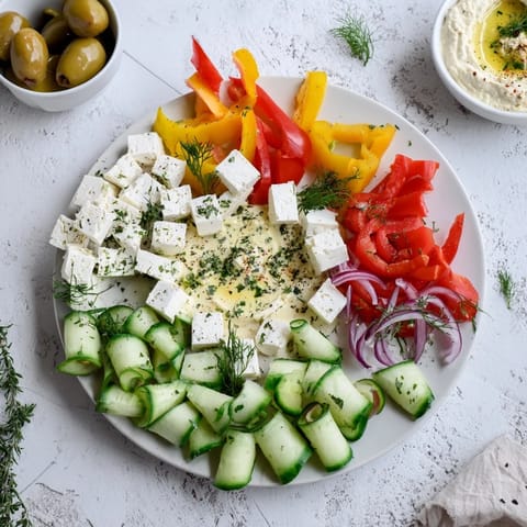 A colorful Sun-Drenched Patio mezze board with olives, offering a taste of the Mediterranean.