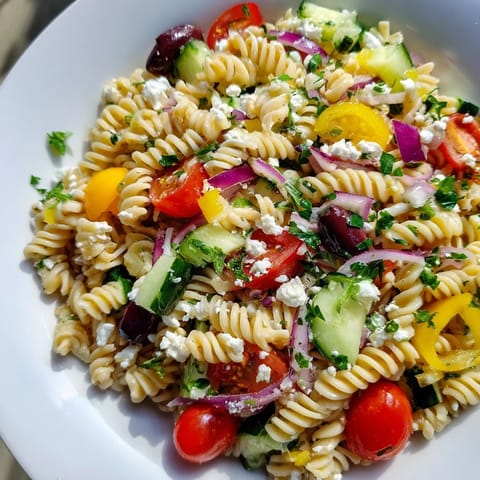 A bowl of delicious Lemon Pasta Salad, perfect for a summer picnic, chilled and ready to eat.