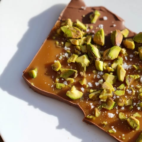 This homemade Pistachio Salted Caramel Bark bursts with salty, sweet, and nutty flavors, perfect for sharing.