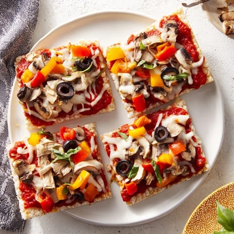 Close-up of baked Rice Cake Pizza Squares, topped with vibrant veggies and cheese, steaming slightly.