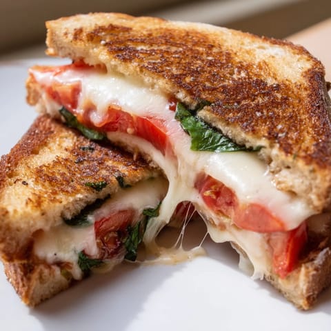 A close-up of crisp, buttery bread, revealing juicy tomato slices and soft cheese.