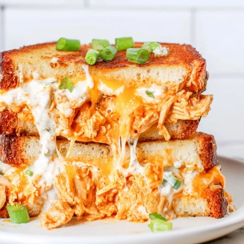 Golden-brown Buffalo Chicken Ranch Grilled Cheese slices ooze melted cheese on a rustic cutting board.