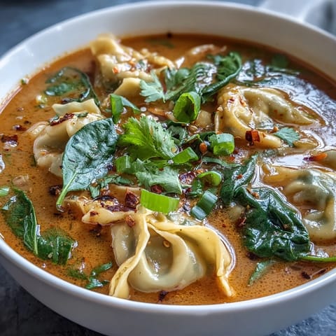 Hearty Red Curry Wonton Soup With Greens, garnishes and tender wontons swimming in broth.