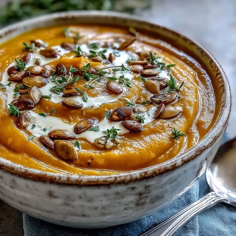 Smooth pureed butternut squash and apple soup in a white bowl with thyme.