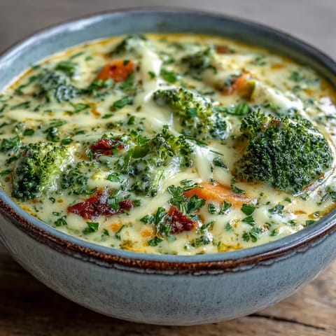 A ladle pours rich Broccoli Cheddar Soup from a Dutch oven, revealing chunks of broccoli and sweet carrots for a hearty meal.