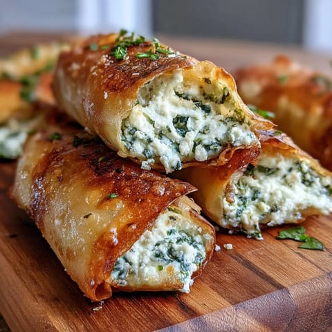 Freshly fried Spanakopita Spring Rolls stacked high, their flaky wrappers golden brown and filled with vibrant green spinach and crumbled feta cheese.  
