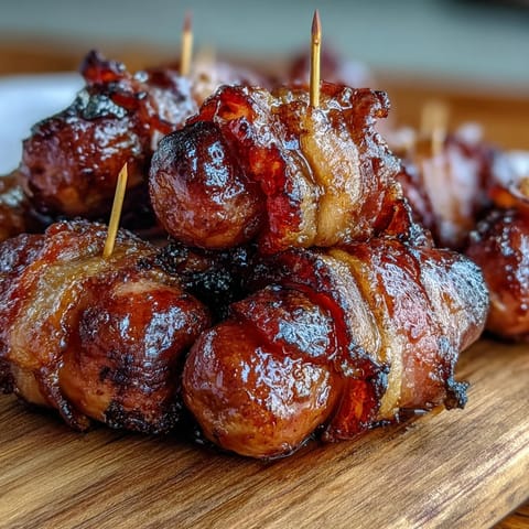 Bite-sized Bacon-Wrapped Smokies arranged on parchment, featuring crispy bacon and juicy sausage centers.  