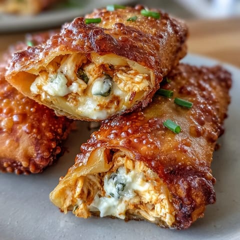 Freshly fried Buffalo Chicken Egg Rolls sit beside a small bowl of ranch dressing on a rustic wooden table.