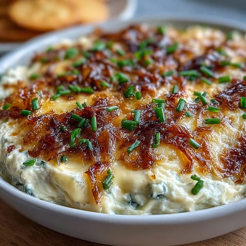 Creamy Smoked Gouda & Onion Dip topped with fresh chives, with crisp raw veggies for dipping on the side.