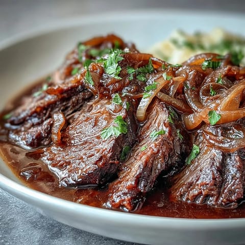 Savory Crock Pot French Onion Pot Roast with gooey Gruyère melting over tender beef and sweet caramelized onions.
