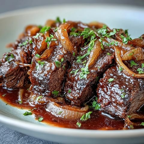 Tender slices of Savory Crock Pot French Onion Pot Roast smothered in rich wine jus and fresh parsley garnish.